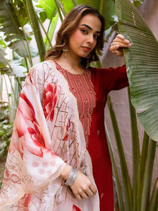 Indo Era Rust Embroidered Straight Kurta Palazzos With Dupatta set