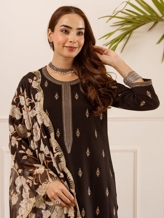 Indo Era Black Embroidered Straight Kurta Palazzos With Dupatta set