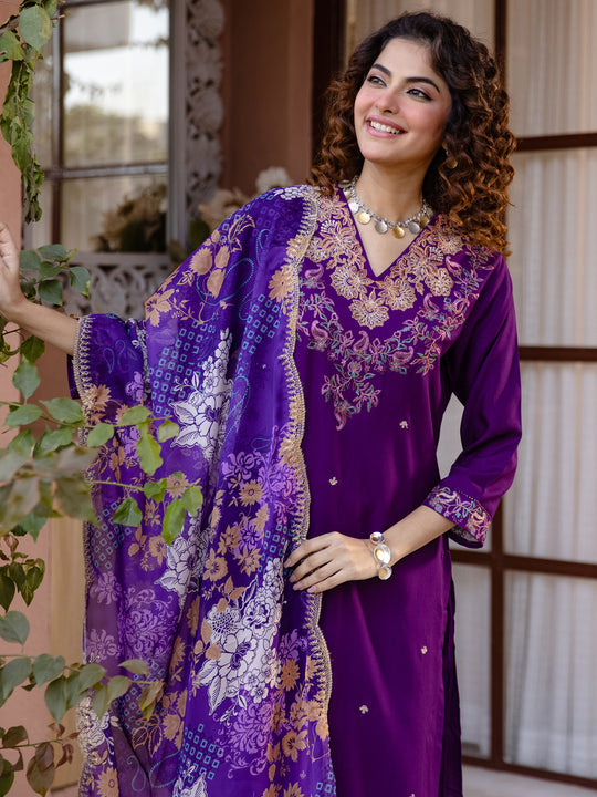 Indo Era Purple Embroidered Straight Kurta Salwar With Dupatta set