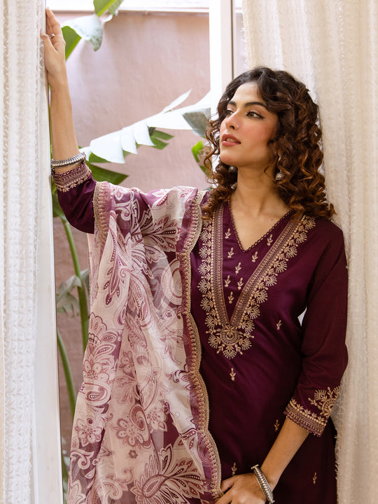 Indo Era Burgundy Embroidered Straight Kurta Salwar With Dupatta set