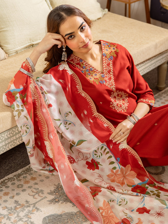 Indo Era Rust Embroidered Straight Kurta Salwar With Dupatta set