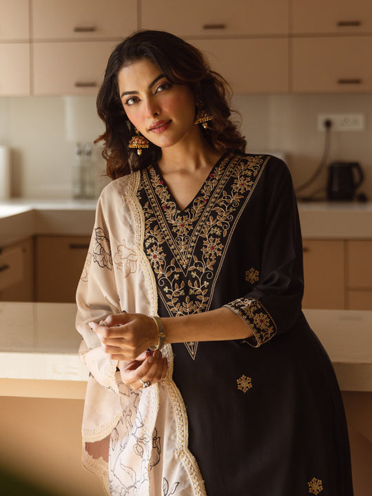 Indo Era Black Embroidered Straight Kurta Salwar With Dupatta set