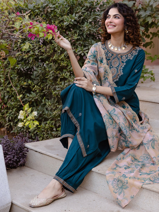 Indo Era Teal Embroidered Straight Kurta Salwar With Dupatta set