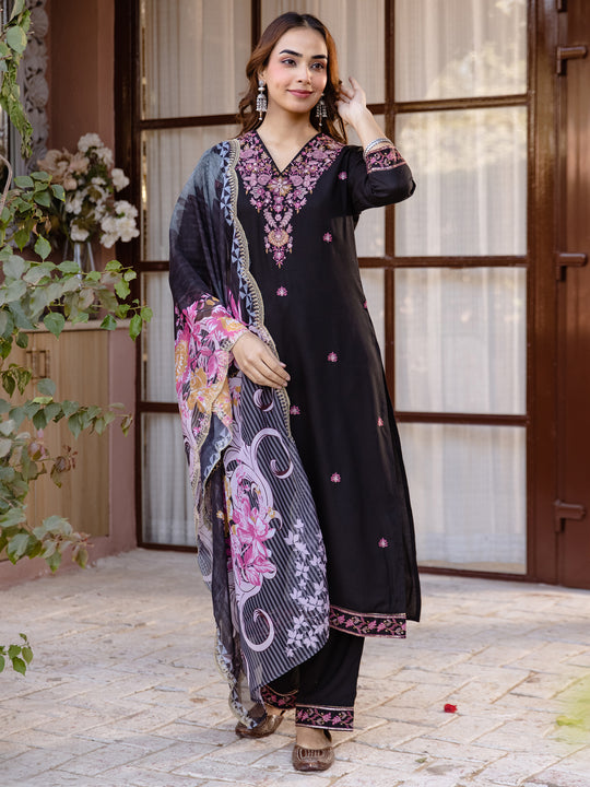 Indo Era Black Embroidered Straight Kurta Palazzos With Dupatta set