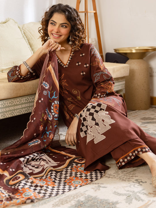 Indo Era Brown Embroidered Straight Kurta Salwar With Dupatta set