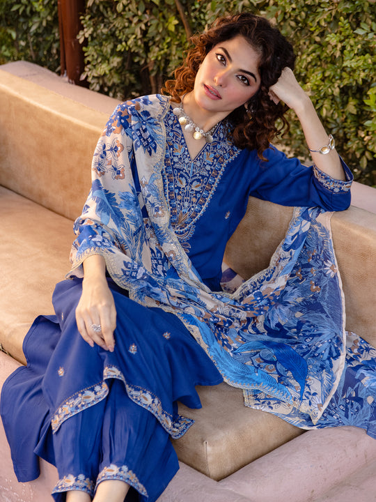 Indo Era Blue Embroidered Straight Kurta Salwar With Dupatta set