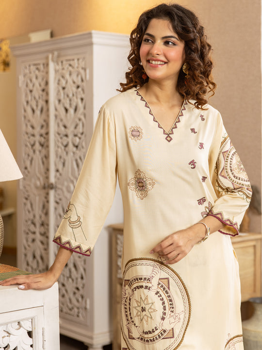Indo Era Cream Embroidered Straight Kurta Palazzos Set