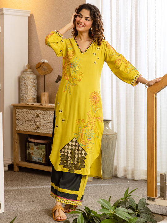 Indo Era Yellow Embroidered Straight Kurta Palazzos Set