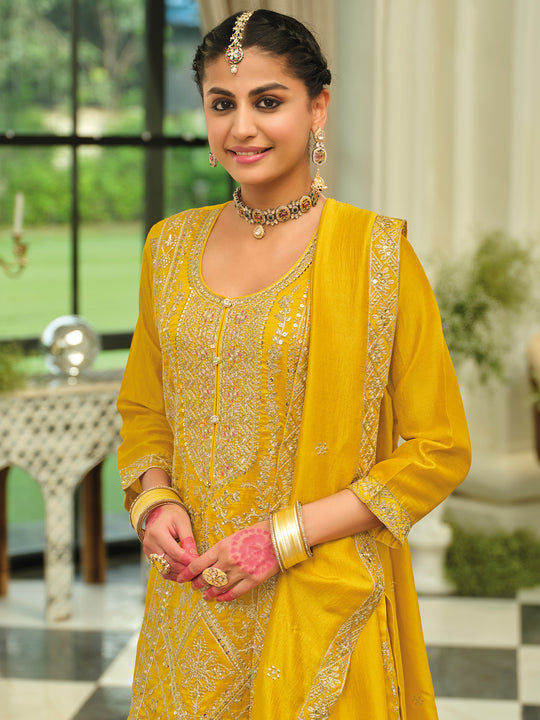 Yellow Embroidered Silk Blend Straight Kurta Palazzos With Dupatta
