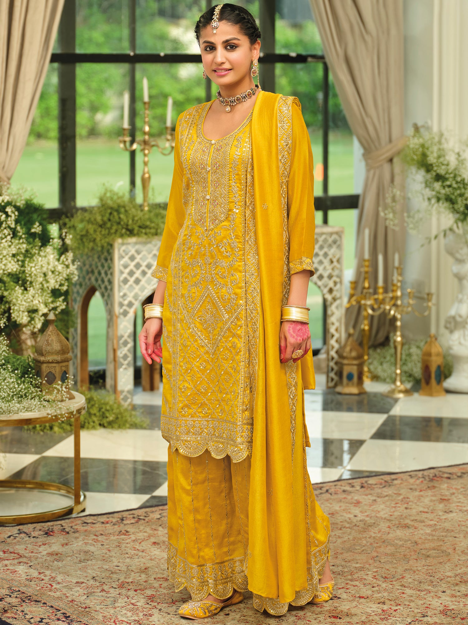Yellow Embroidered Silk Blend Straight Kurta Palazzos With Dupatta