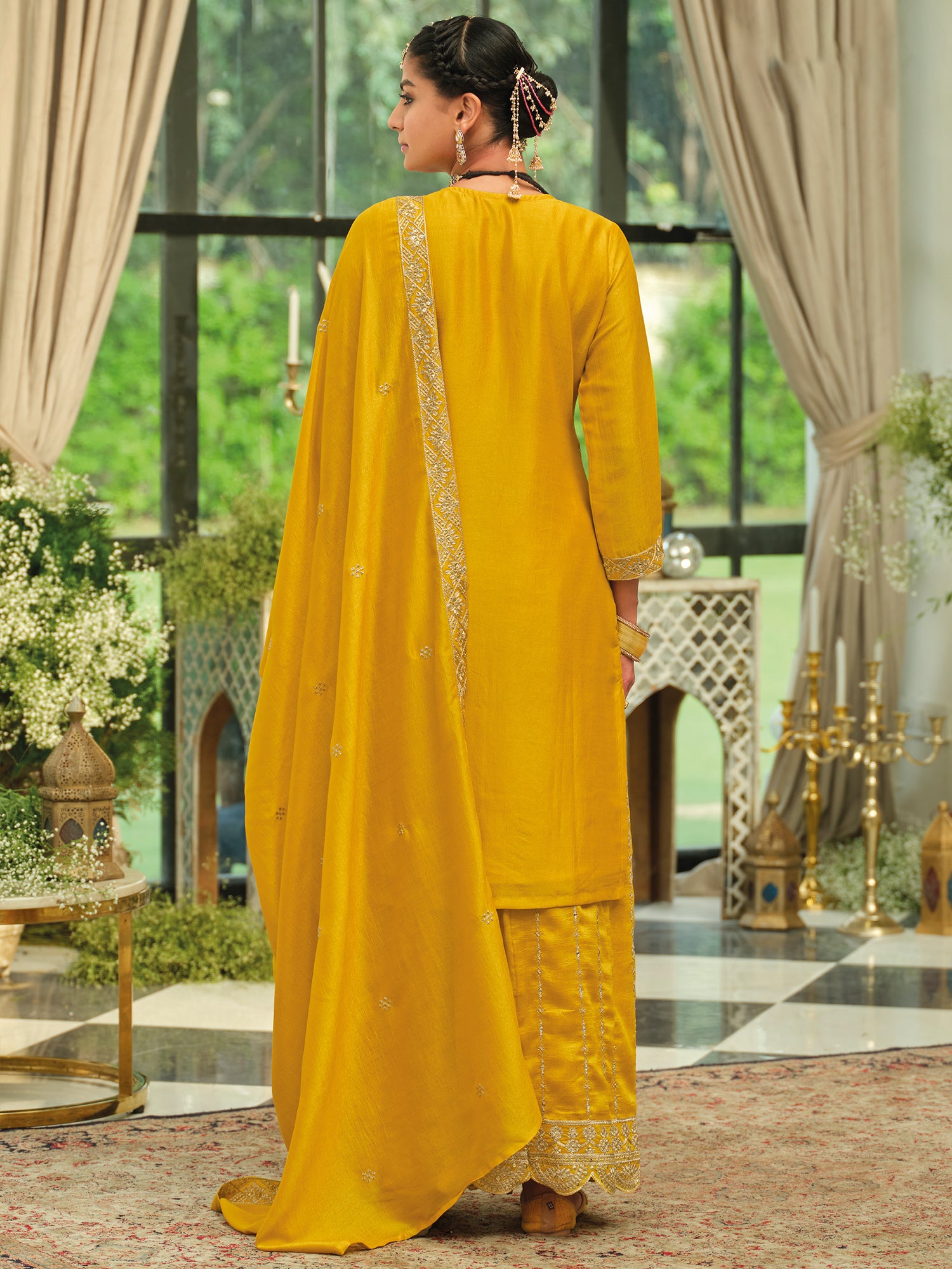 Yellow Embroidered Silk Blend Straight Kurta Palazzos With Dupatta