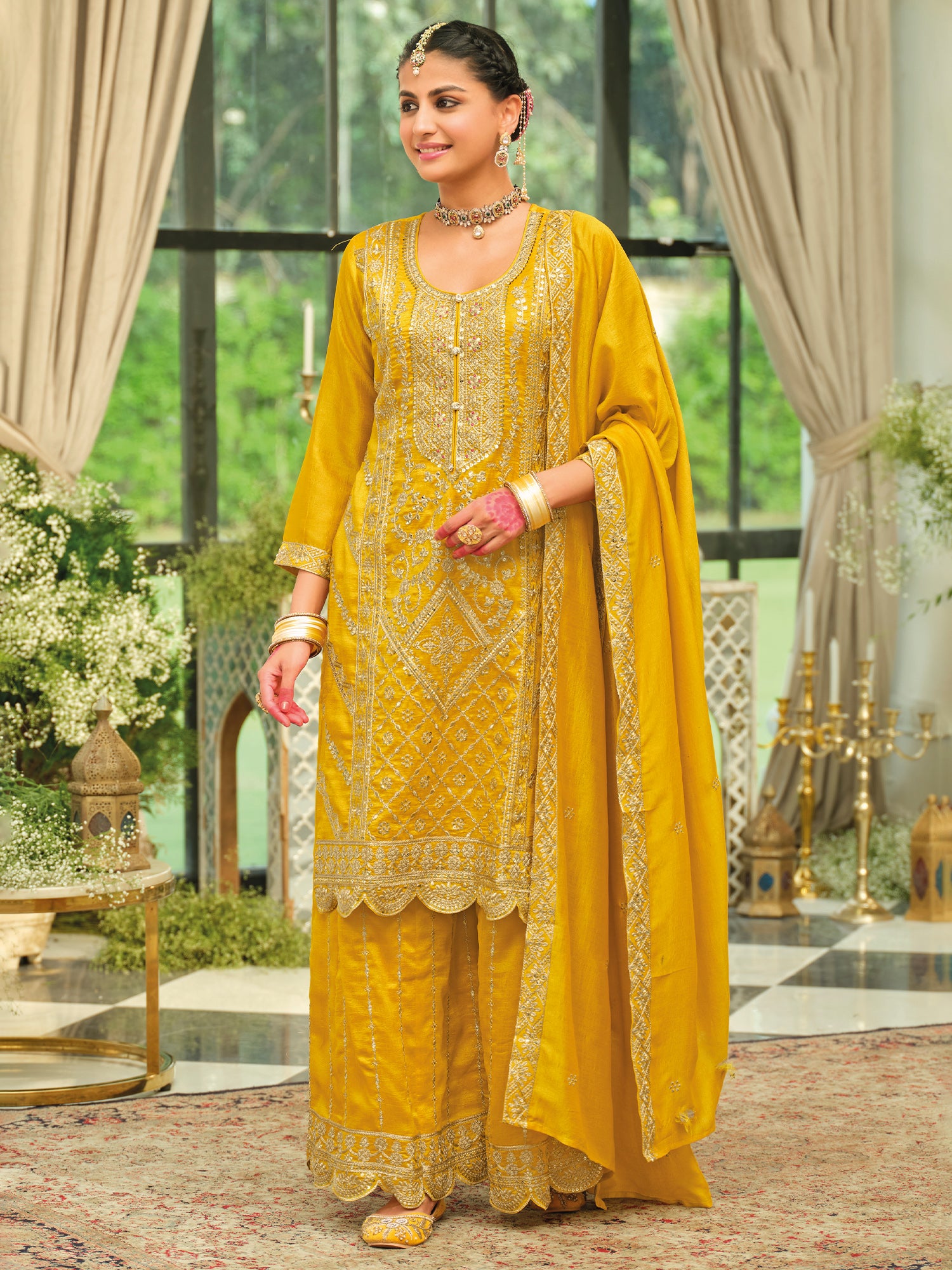Yellow Embroidered Silk Blend Straight Kurta Palazzos With Dupatta