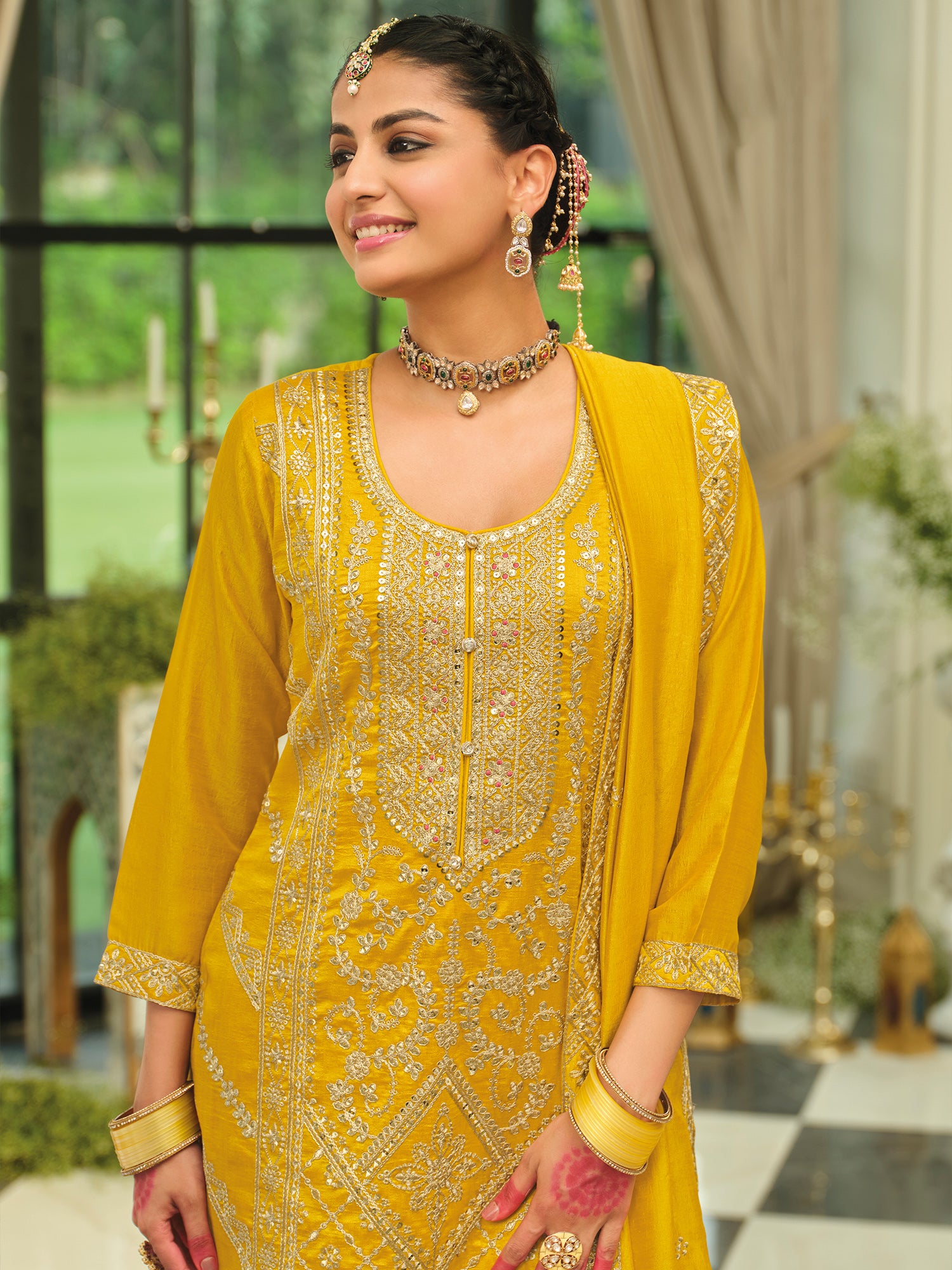 Yellow Embroidered Silk Blend Straight Kurta Palazzos With Dupatta