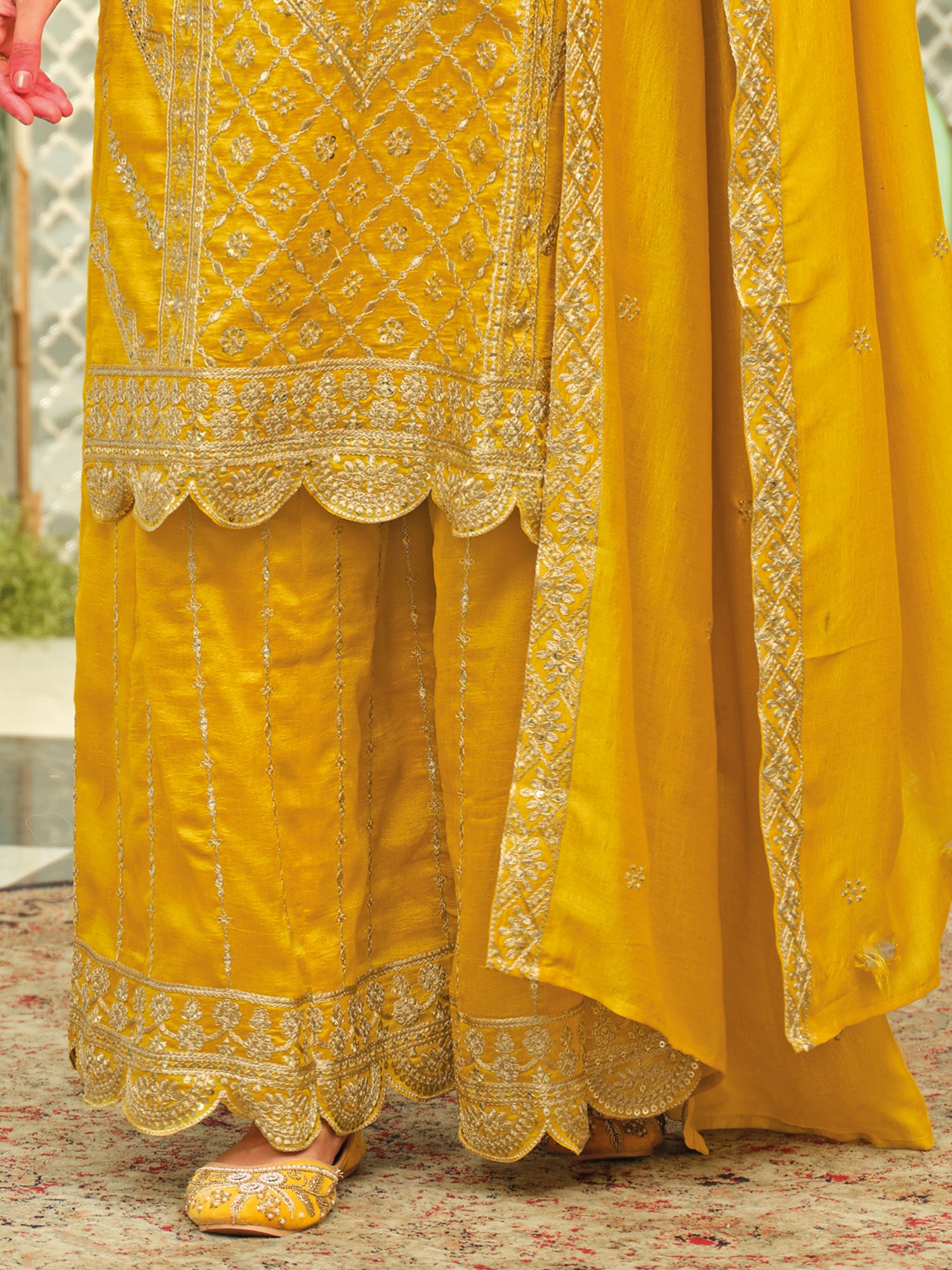 Yellow Embroidered Silk Blend Straight Kurta Palazzos With Dupatta