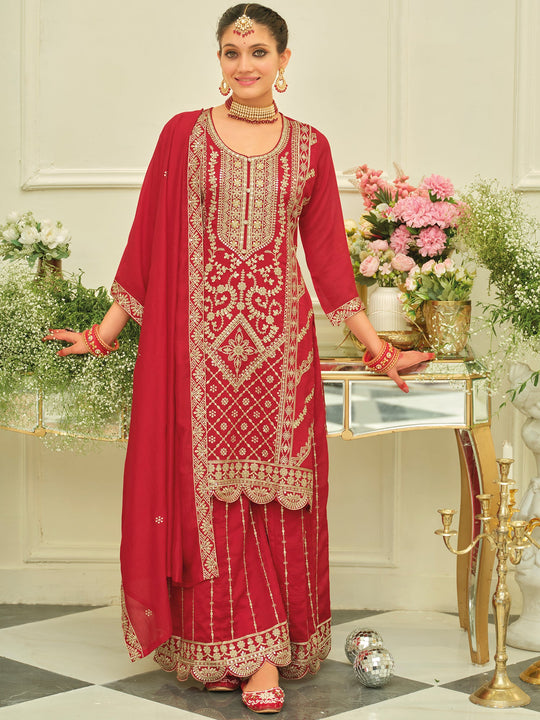 Indo Era Red Embroidered Straight Kurta Palazzos With Dupatta set