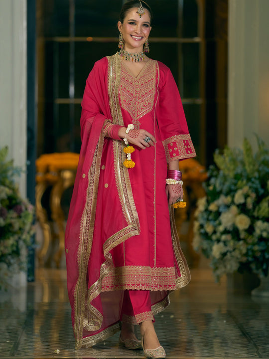 Pink Embroidered Silk Blend A-Line Suit Sets With Dupatta