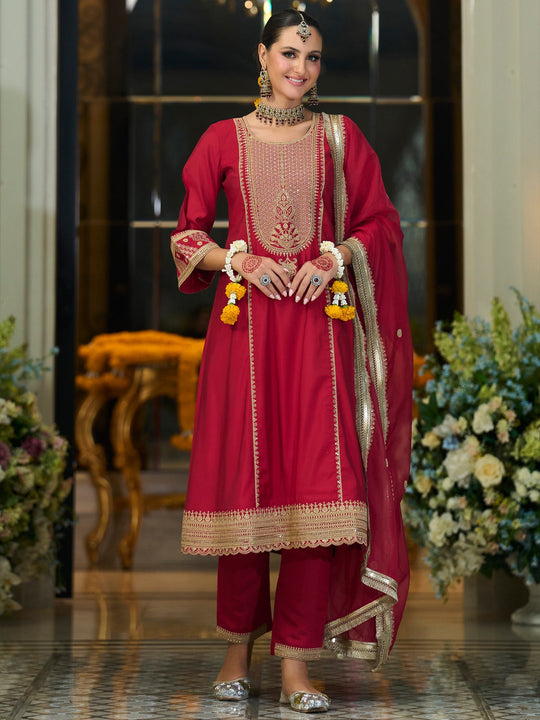 Maroon Embroidered Silk Blend A-Line Suit Sets With Dupatta