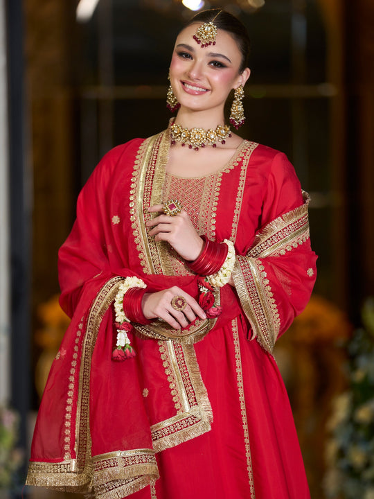 Red Embroidered Silk Blend A-Line Suit Sets With Dupatta