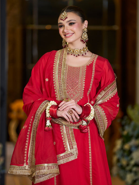 Red Embroidered Silk Blend A-Line Suit Sets With Dupatta
