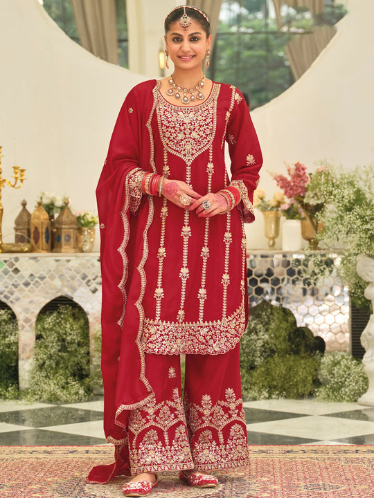 Indo Era Red Embroidered Straight Kurta Palazzos With Dupatta set