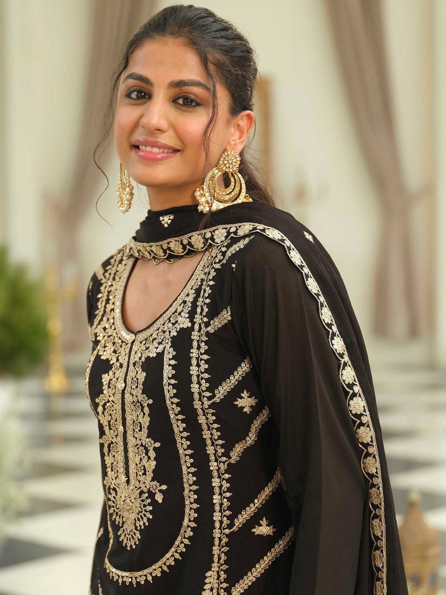 Black Embroidered Chinon Straight Kurta Palazzos With Dupatta