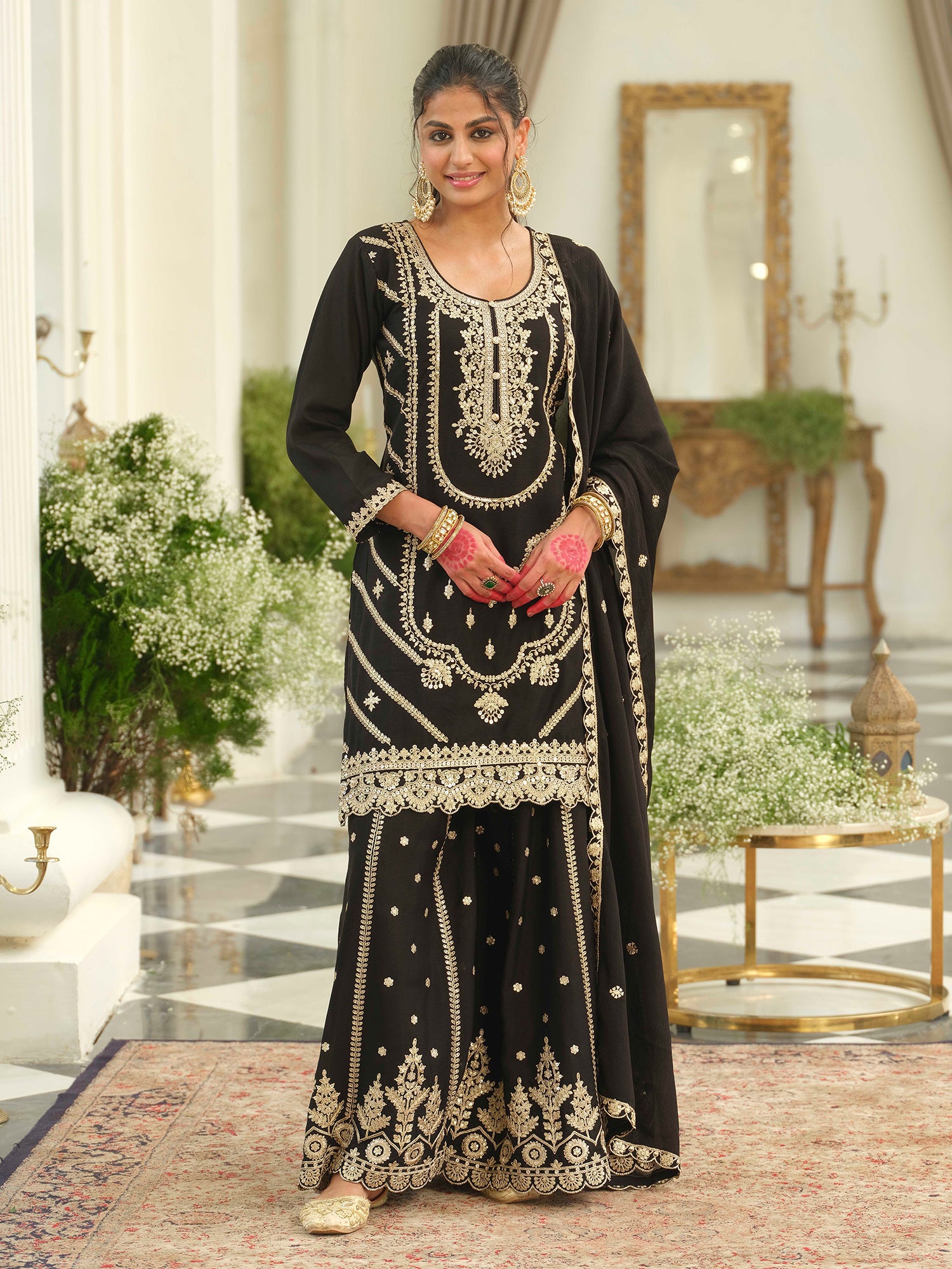 Black Embroidered Chinon Straight Kurta Palazzos With Dupatta