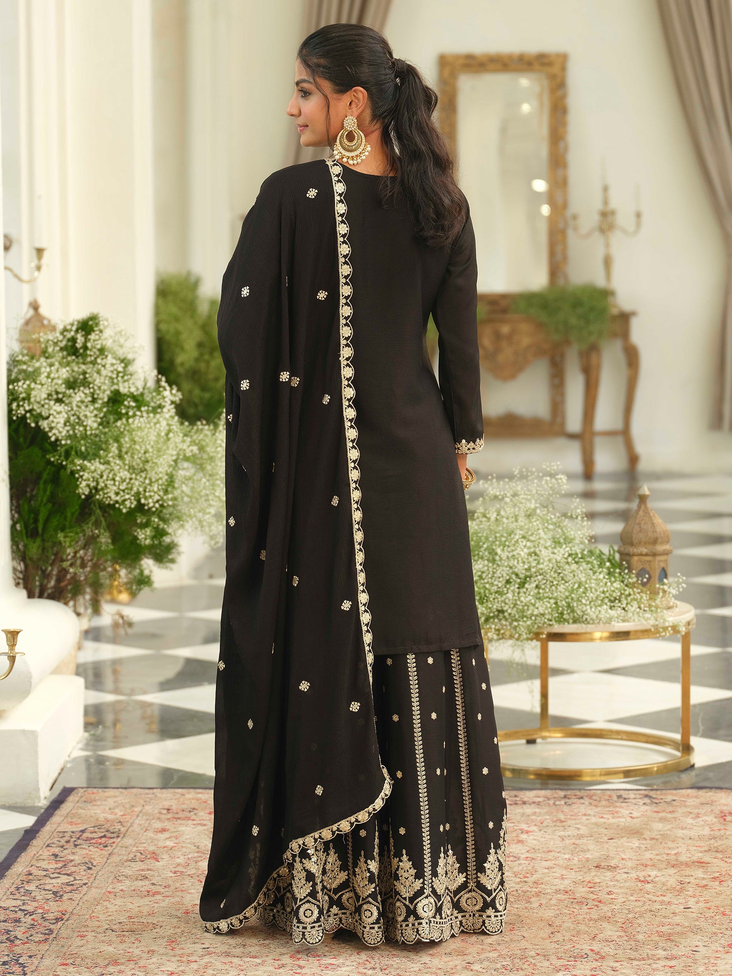 Black Embroidered Chinon Straight Kurta Palazzos With Dupatta