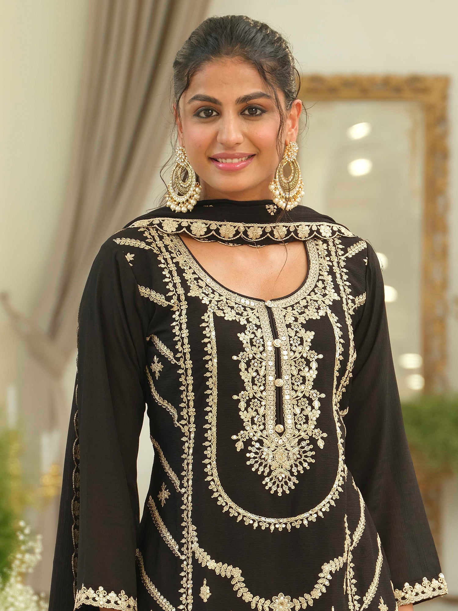 Black Embroidered Chinon Straight Kurta Palazzos With Dupatta