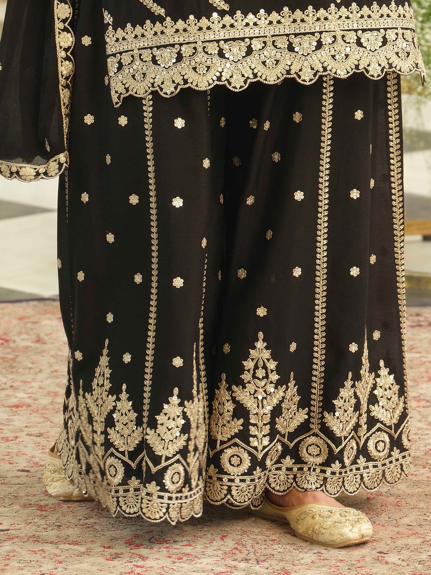 Black Embroidered Chinon Straight Kurta Palazzos With Dupatta