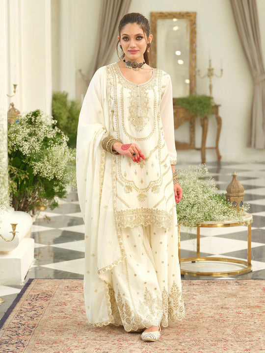 White Embroidered Chinon Straight Kurta Palazzos With Dupatta