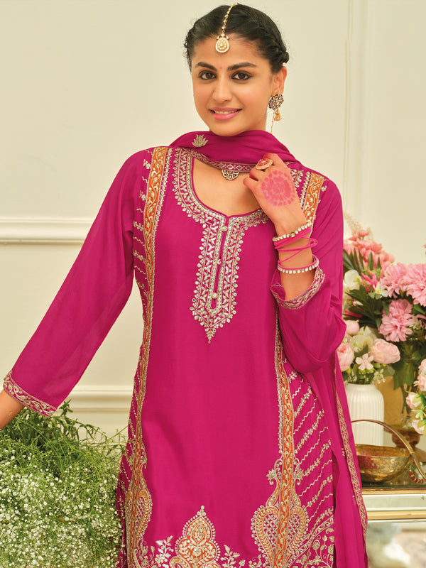Pink Embroidered Chinon Straight Kurta Palazzos With Dupatta