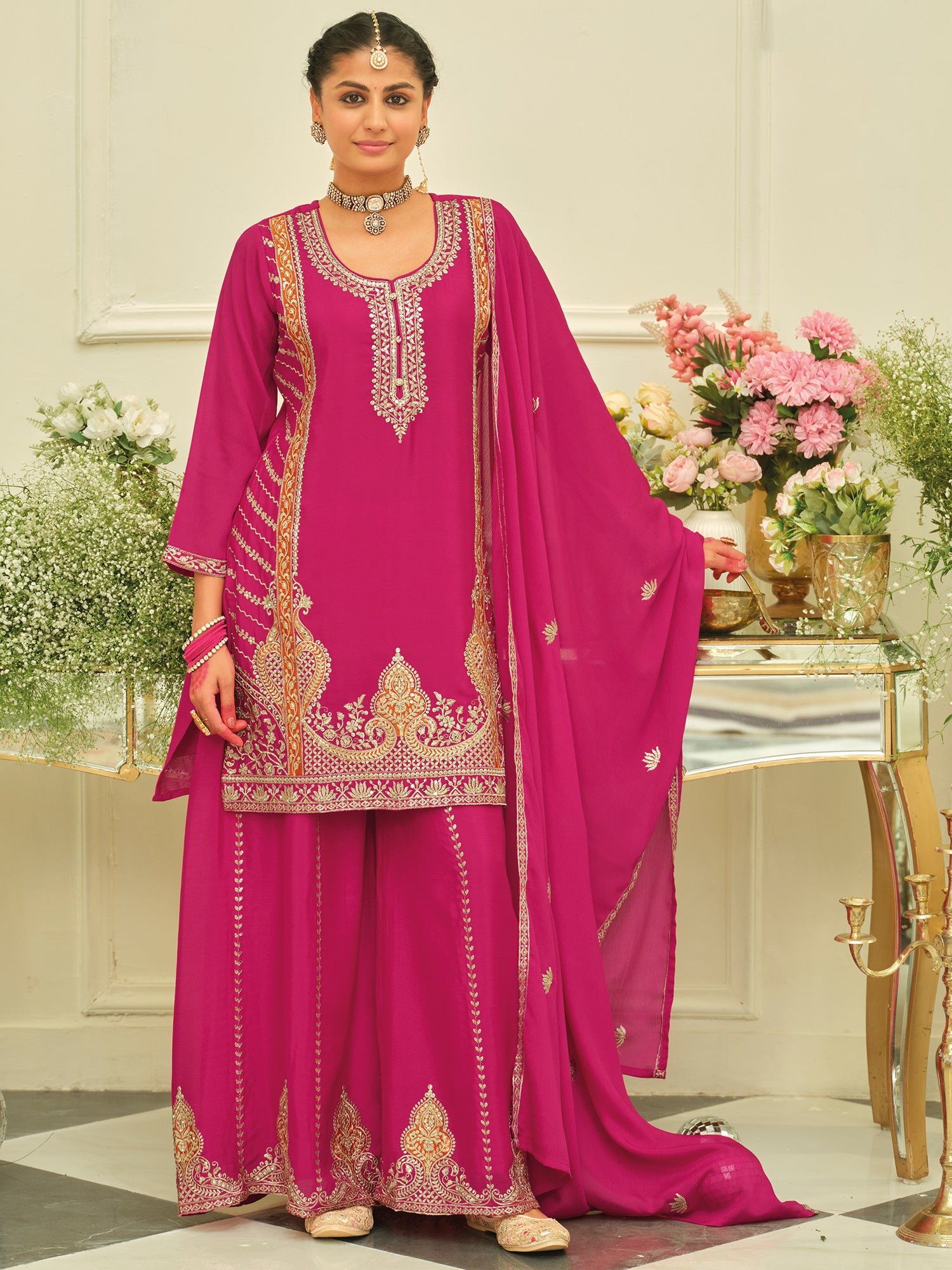 Pink Embroidered Chinon Straight Kurta Palazzos With Dupatta