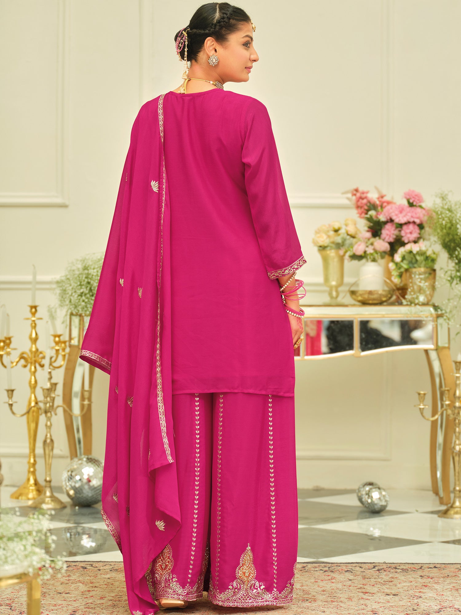 Pink Embroidered Chinon Straight Kurta Palazzos With Dupatta