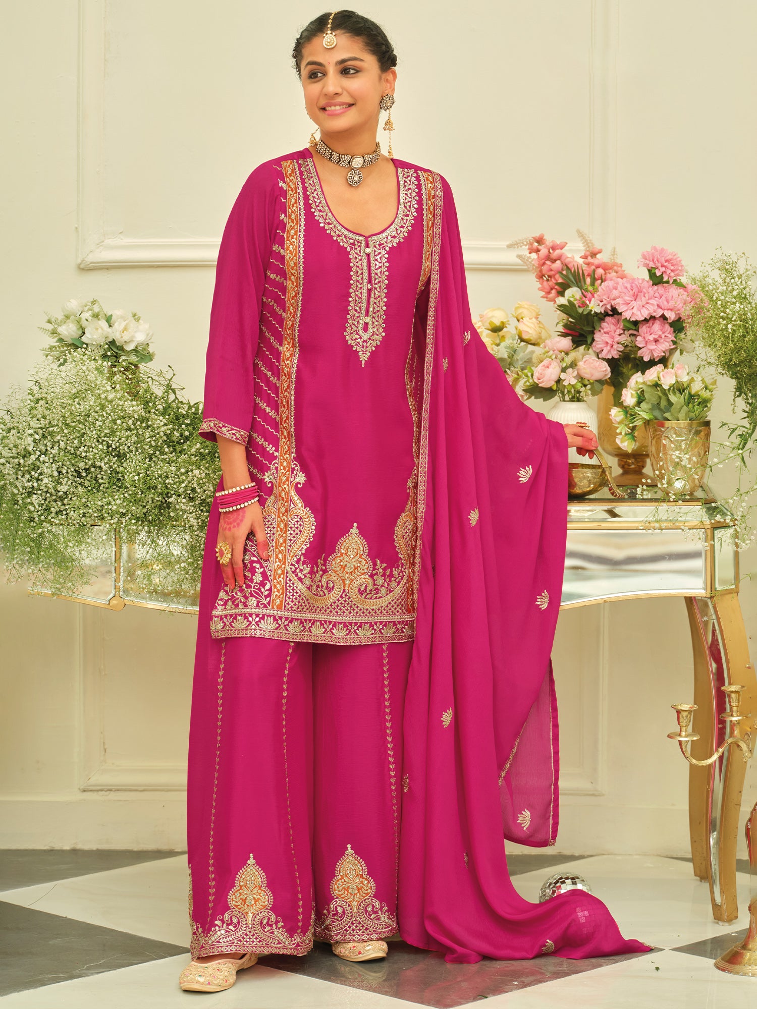 Pink Embroidered Chinon Straight Kurta Palazzos With Dupatta