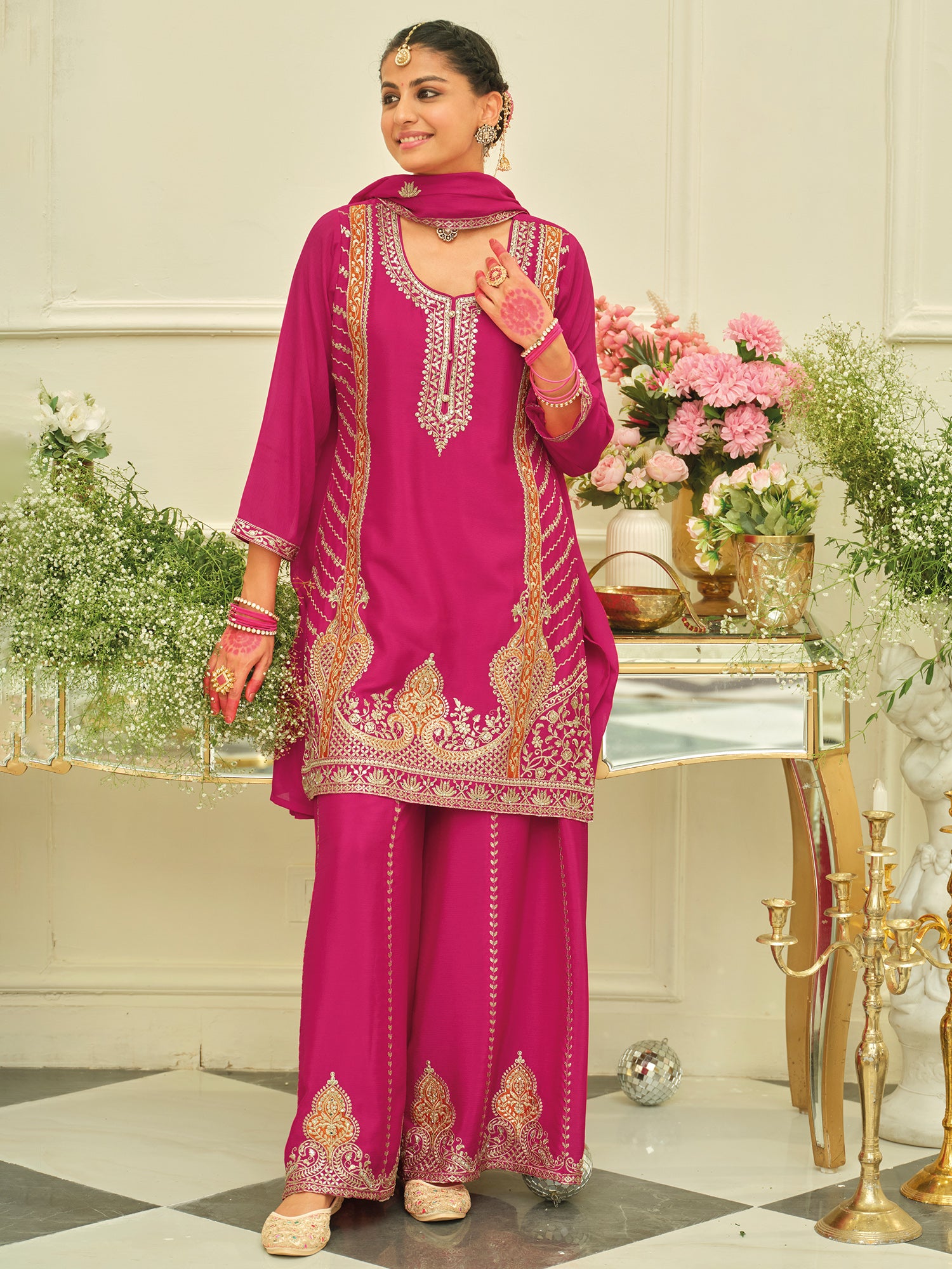 Pink Embroidered Chinon Straight Kurta Palazzos With Dupatta