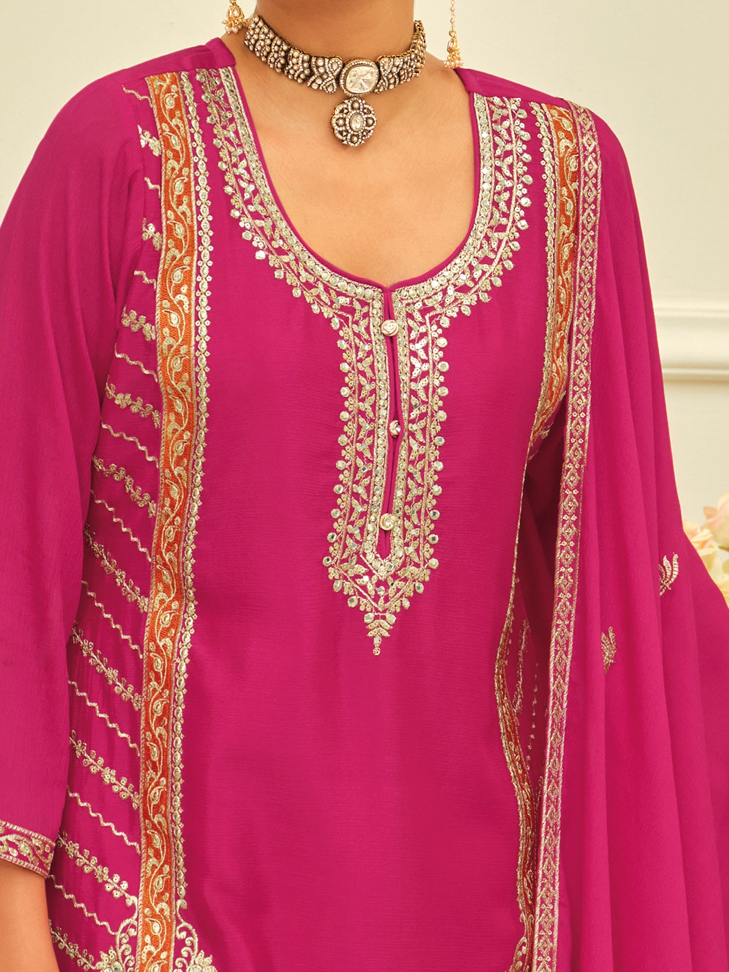 Pink Embroidered Chinon Straight Kurta Palazzos With Dupatta