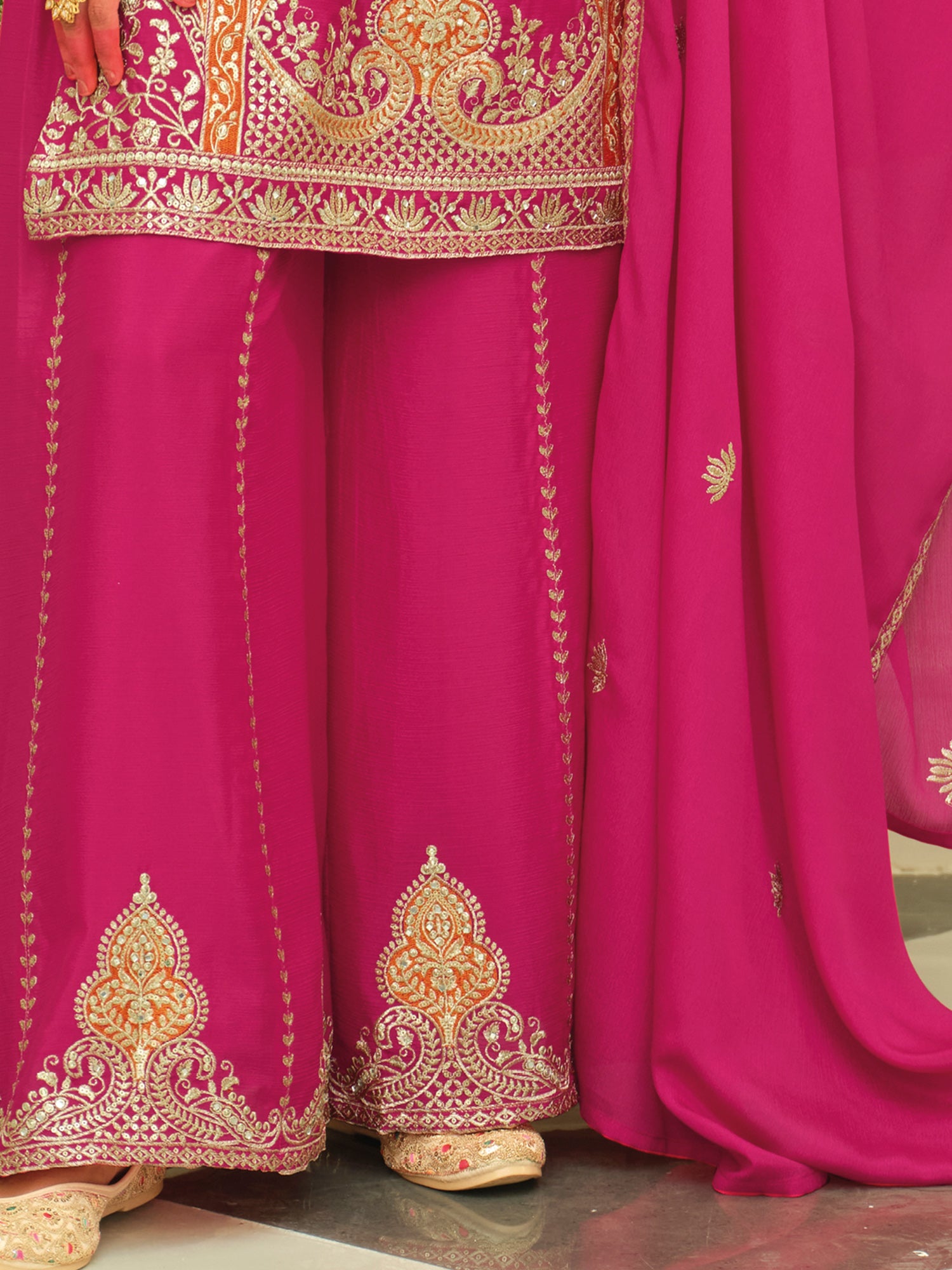 Pink Embroidered Chinon Straight Kurta Palazzos With Dupatta