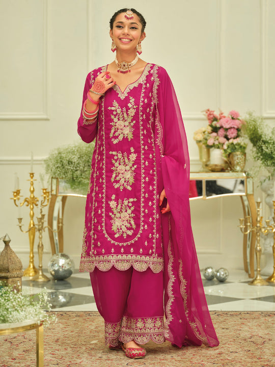 Indo Era Pink Embroidered Straight Kurta Palazzos With Dupatta set