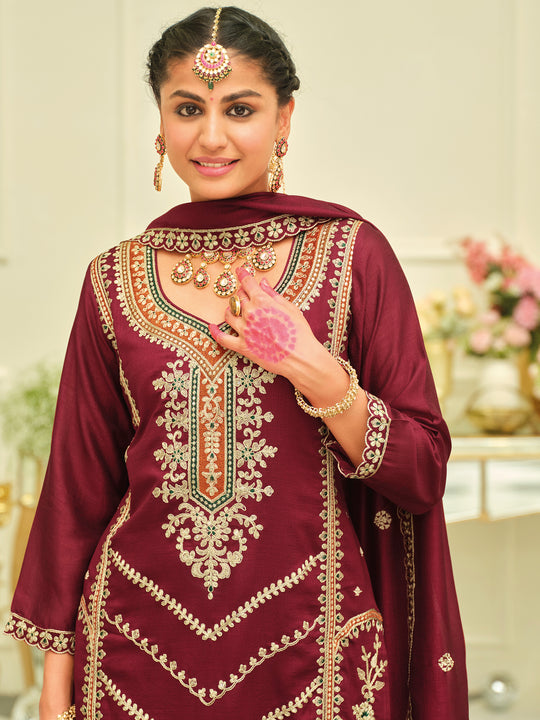 Maroon Embroidered Silk Blend Straight Kurta Palazzos With Dupatta