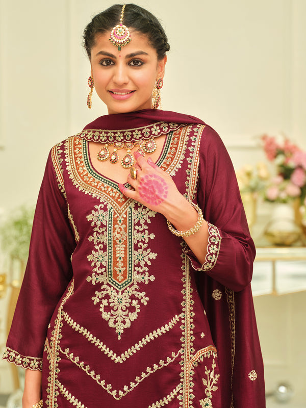 Maroon Embroidered Silk Blend Straight Kurta Palazzos With Dupatta