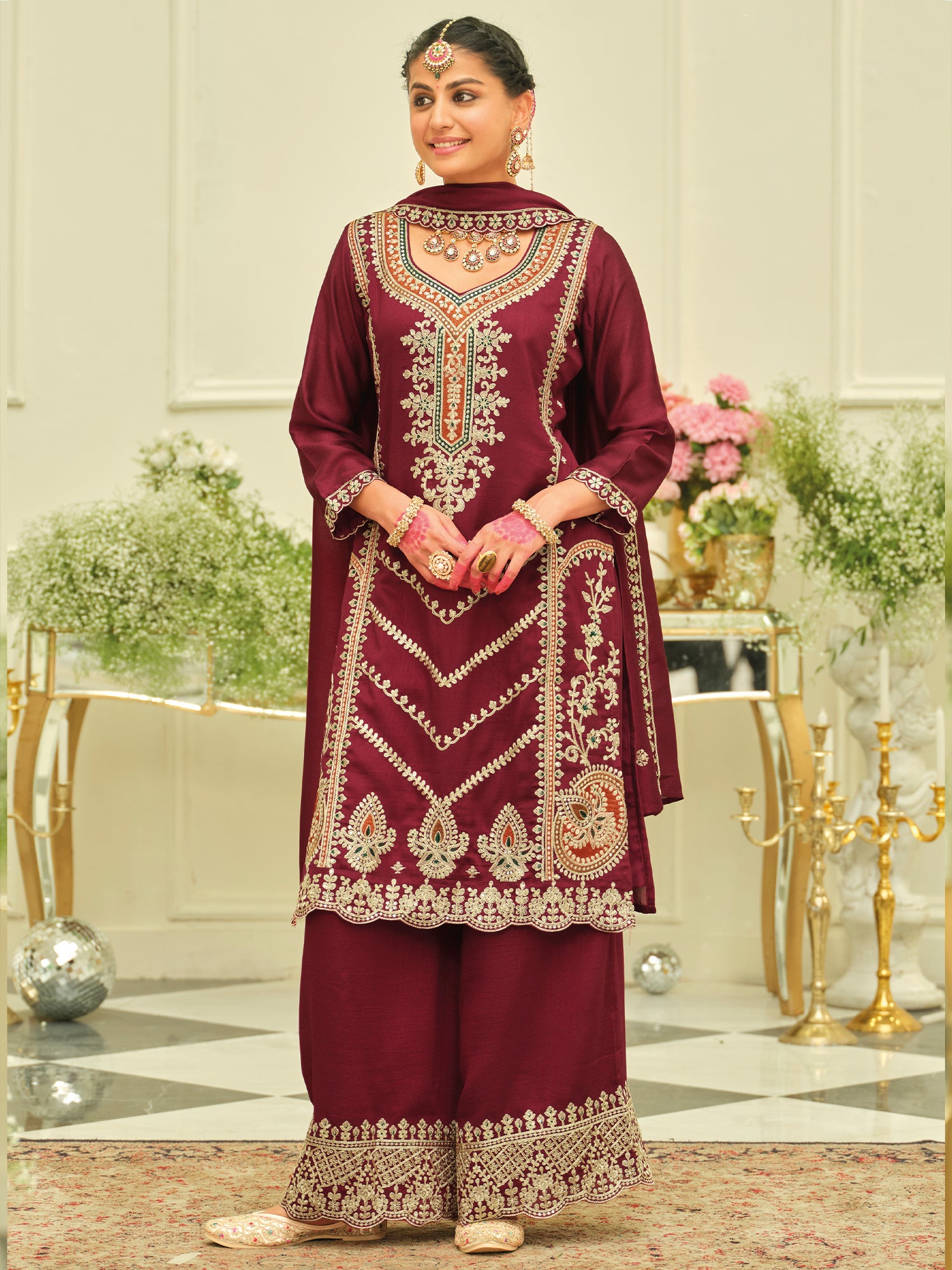 Maroon Embroidered Silk Blend Straight Kurta Palazzos With Dupatta