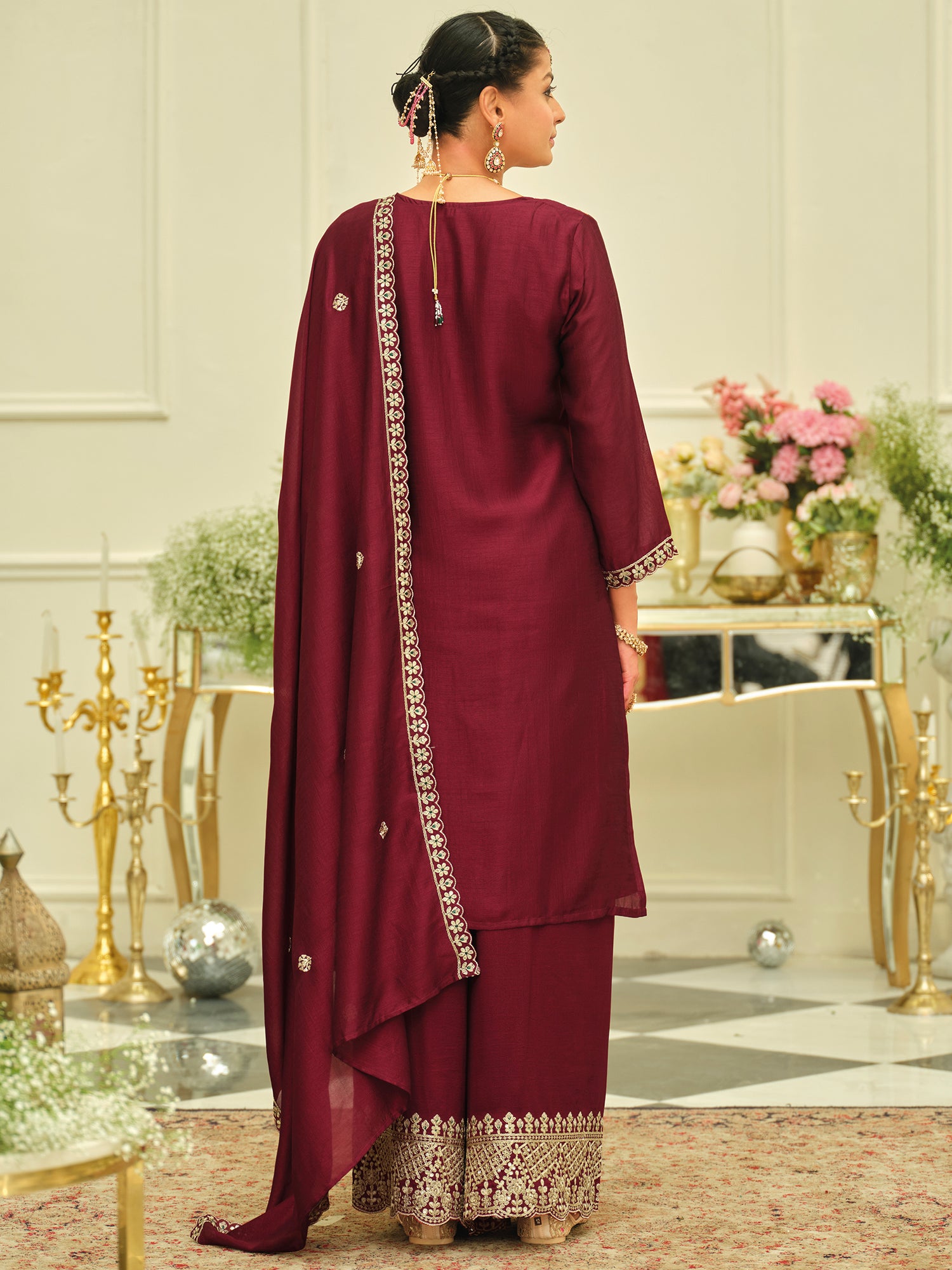 Maroon Embroidered Silk Blend Straight Kurta Palazzos With Dupatta