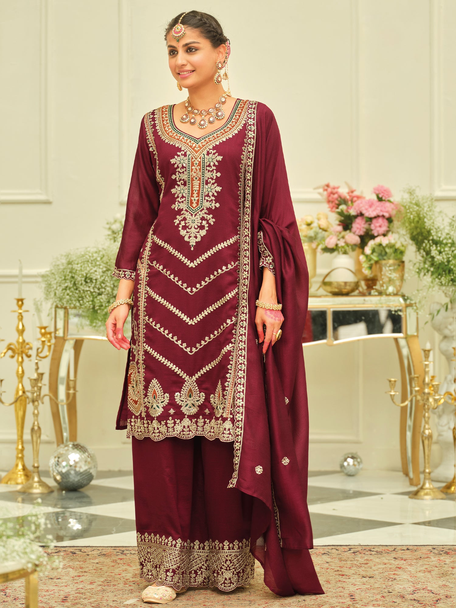 Maroon Embroidered Silk Blend Straight Kurta Palazzos With Dupatta