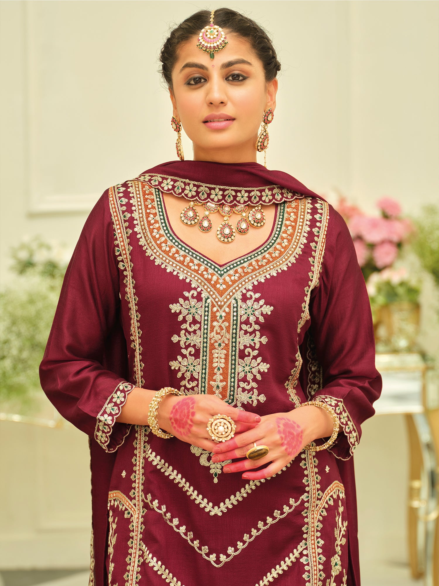 Maroon Embroidered Silk Blend Straight Kurta Palazzos With Dupatta