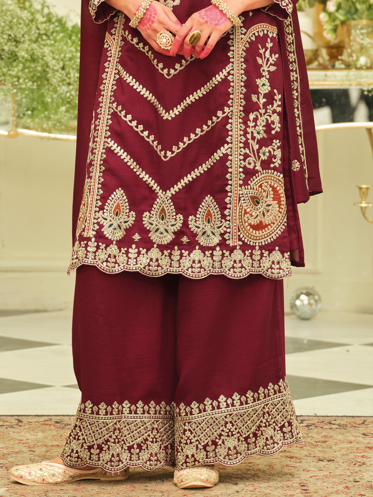 Maroon Embroidered Silk Blend Straight Kurta Palazzos With Dupatta