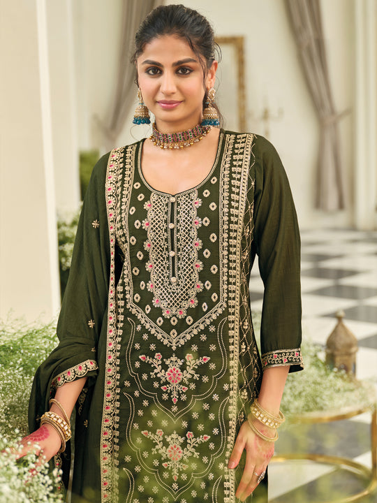 Green Embroidered Silk Blend Straight Kurta Palazzos With Dupatta