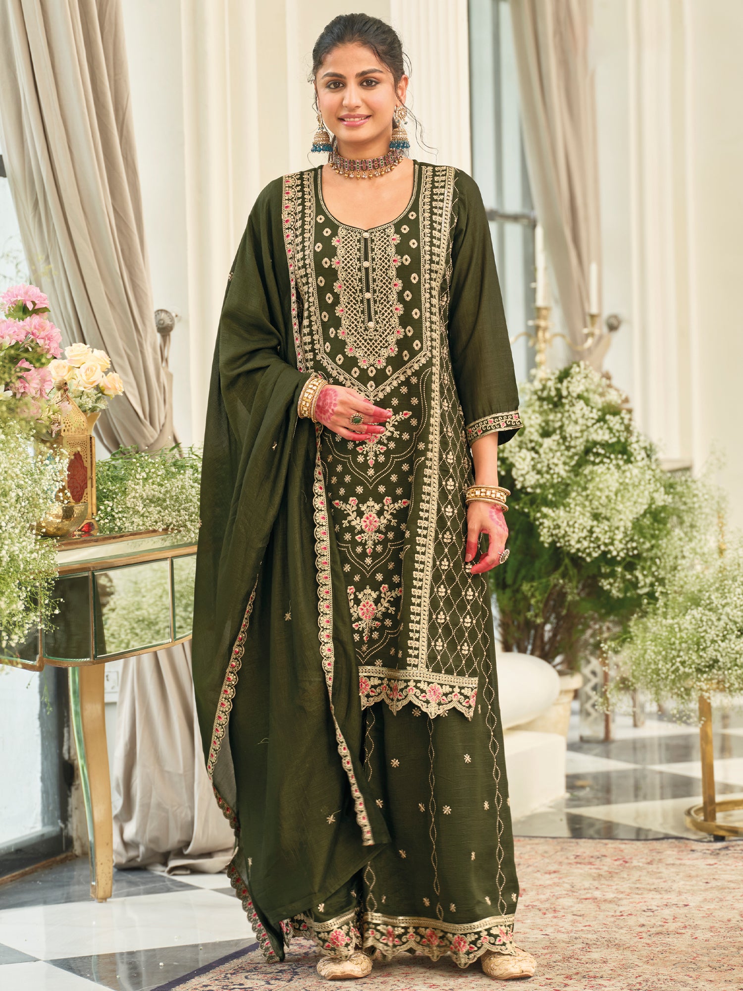Green Embroidered Silk Blend Straight Kurta Palazzos With Dupatta