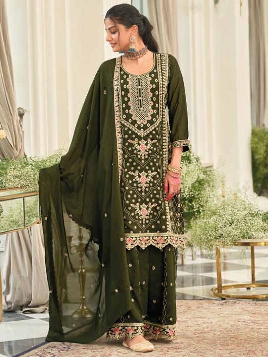 Green Embroidered Silk Blend Straight Kurta Palazzos With Dupatta