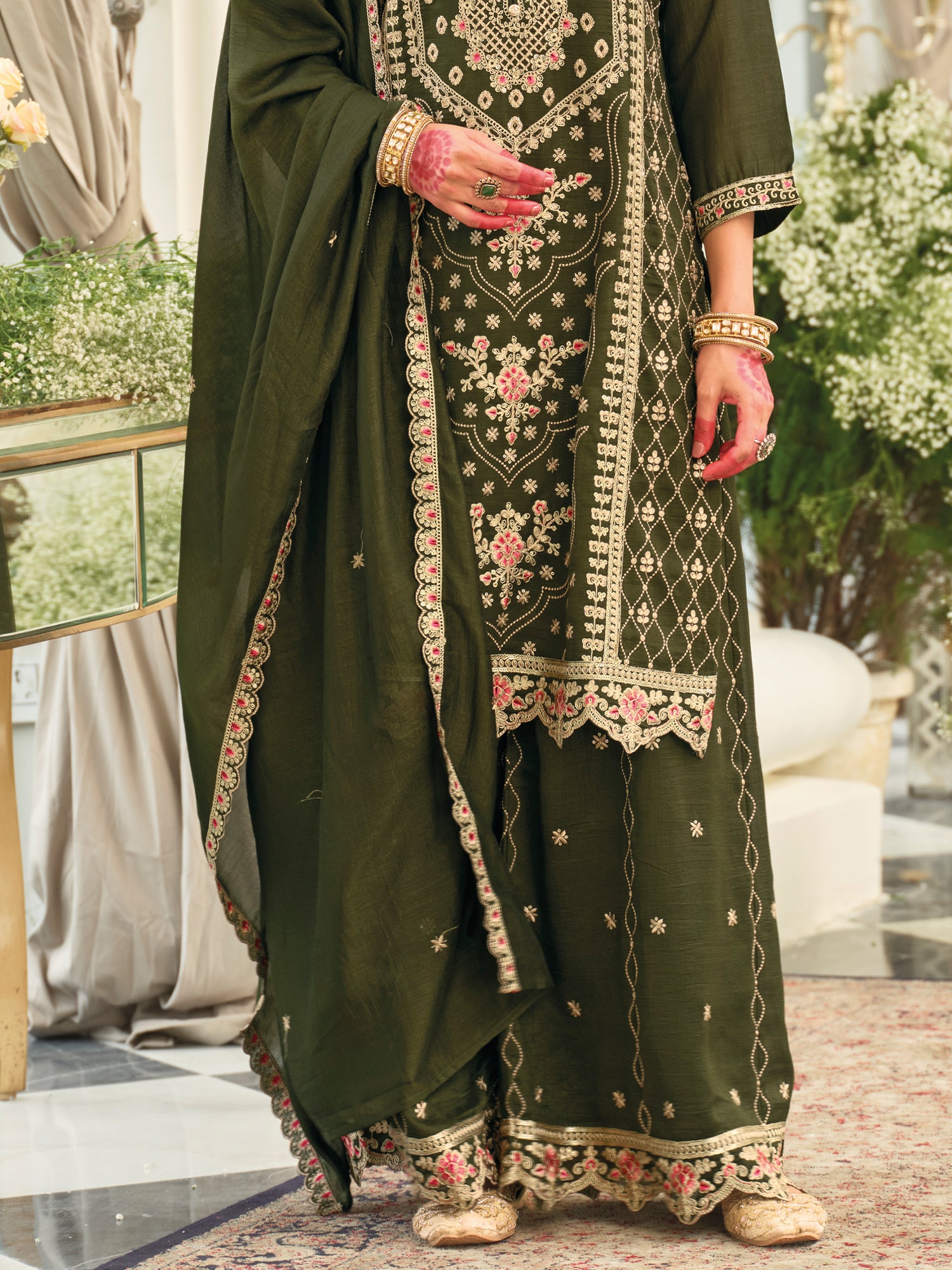 Green Embroidered Silk Blend Straight Kurta Palazzos With Dupatta