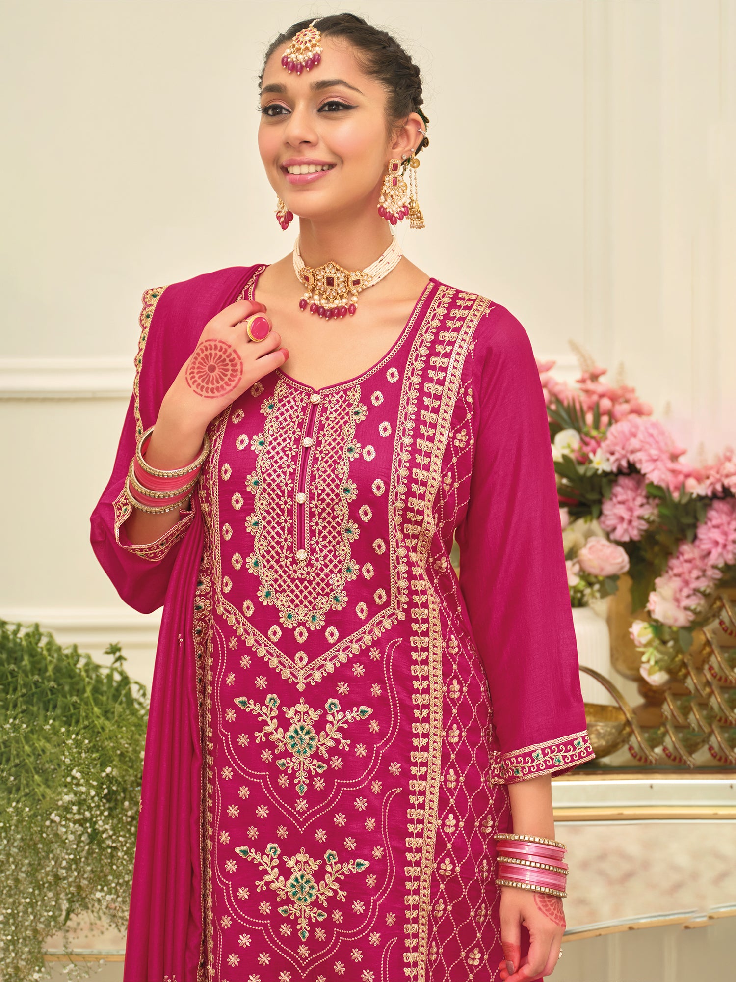 Pink Embroidered Silk Blend Straight Kurta Palazzos With Dupatta